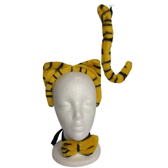 Tiger Costume Set Headband Bow Tie Tail Yellow Blk Stripes Furry Plush Accessory - Picture 1 of 5